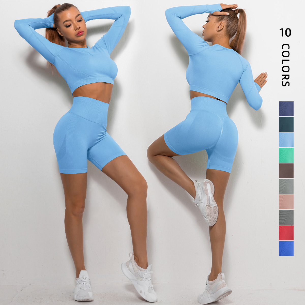 New tracksuit seamless solid color pleated peach buttocks long sleeved shorts yoga suit, sports running fitness suit for women leggings