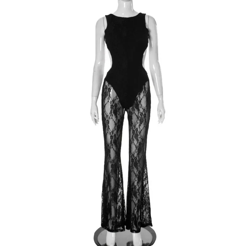Womens sexy black patchwork lace jumpsuit O-neck backless ultra-thin glitter pants one-piece set party club jumpsuit 250314