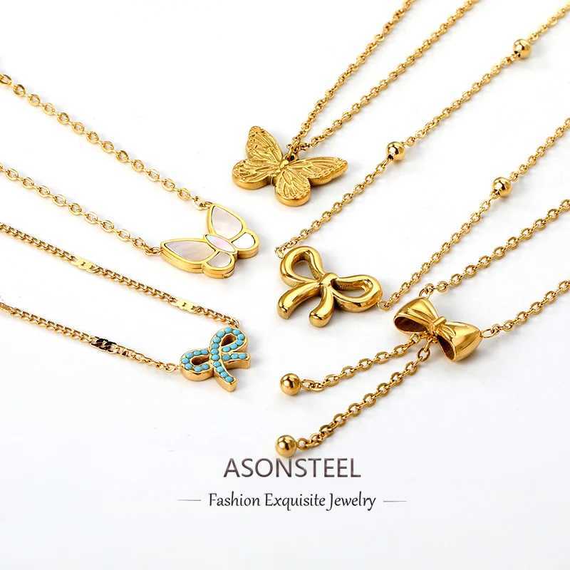 ASONSTEEL Sweet Bow Pendant Necklace Stainless Steel Womens Fashion Charm Jewelry Waterproof Gold Plated Gloss Jewelry Gift W250318