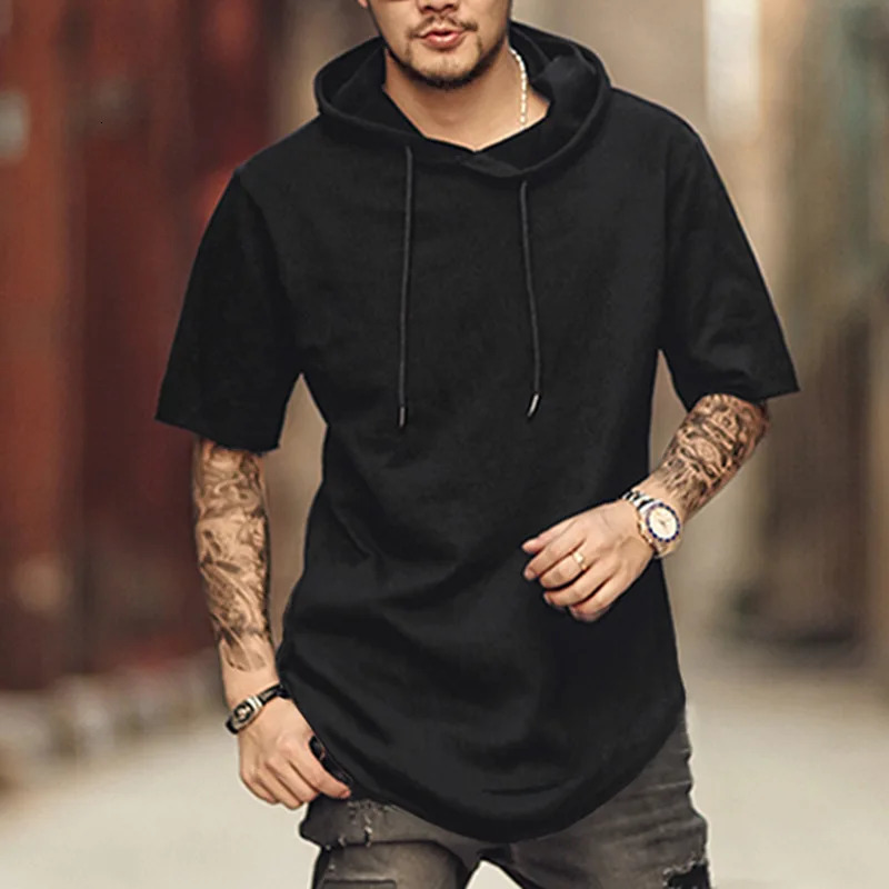 Mens Solid Color Short Sleeved Hoodie T-shirt Loose Hip-hop Curved Hem Side Zipper Casual T-shirt Mens Fashion 250317