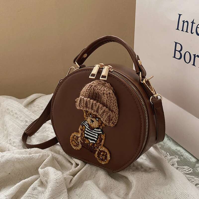 Cartoon For Women 2022 New Designer Handbag Vintage Leather Shoulder Bag Woman Cute Bear Small Round Crossbody Bags