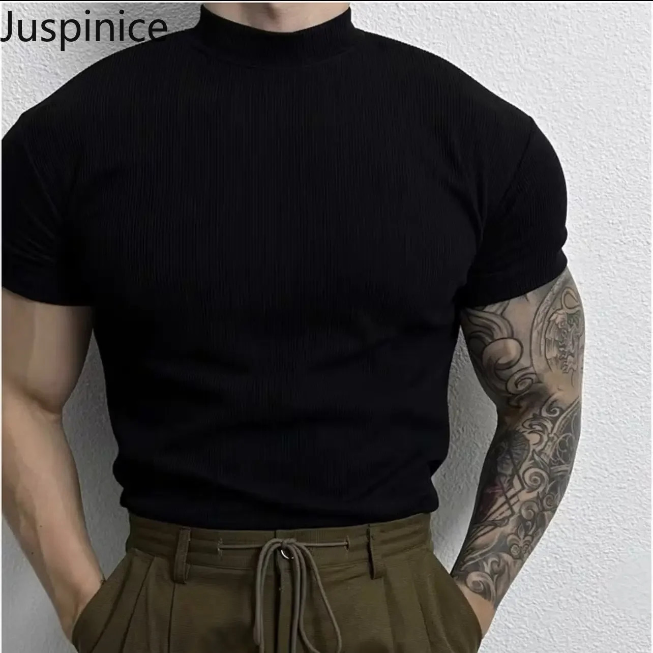 Summer Half Turtle Neck Large Short Sleeve T-shirt for Mens Elastic Casual Simple Street Personalized Top for Mens Wear 250317