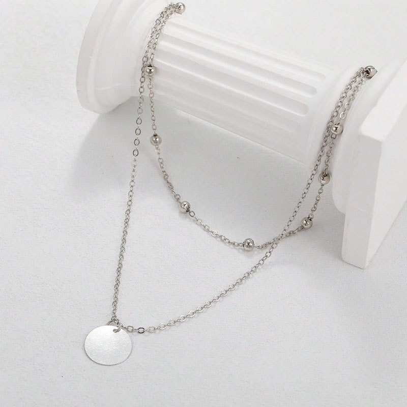 Bead Chain Double Circle Pendant Necklace Women's Multi-layer Choker Collarbone Chain Jewelry