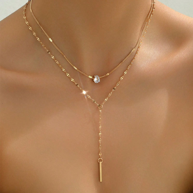 Double Y Pendant Necklace Women's Crystal Zircon Water Drop Metal Vertical Bar Choker Jewelry