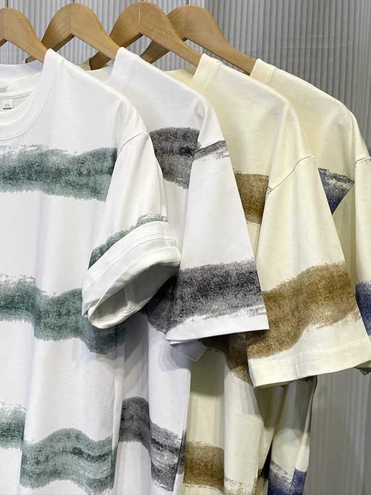 250G cotton summer T-shirt mens Korean fashion irregular striped basic T-shirt Y2K top short sleeved oversized T-shirtT250318