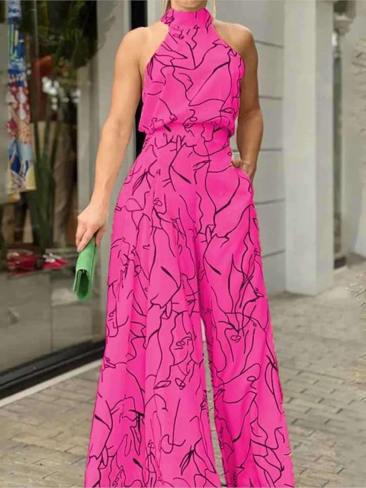 Spring and summer new womens fashionable printed round neck sexy strapless pendant neck ultra-thin fit pocket jumpsuit X250318