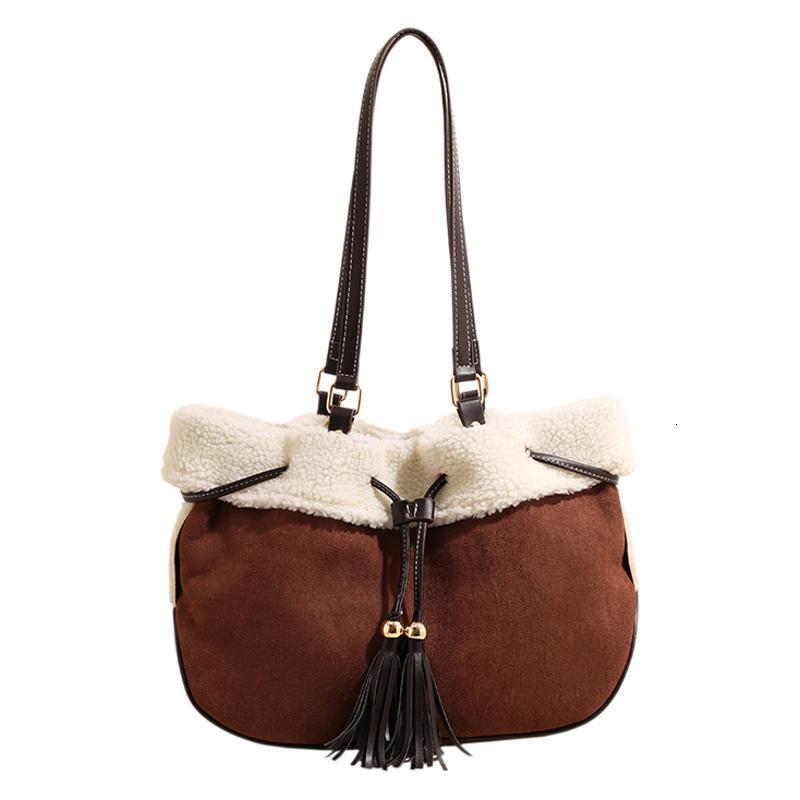 New Trendy Designer Original Women s Handbag Plush Splicing Drawstring Bucket Crossbody Bag Large Capacity Fashionable Shoulder Bag Tassel Casual Stor