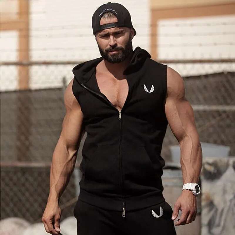Men's Running Fiess Sleeveless Hooded Sweatshirts Jackets For Man Zip Hoodie Vest Gym Clothing Sportswear Jogging Tracksuits