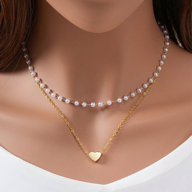 Pearl Chain Love Pendant Double Necklace Women Simple Everything Collared Chain Collar Bone Chain Jewelry