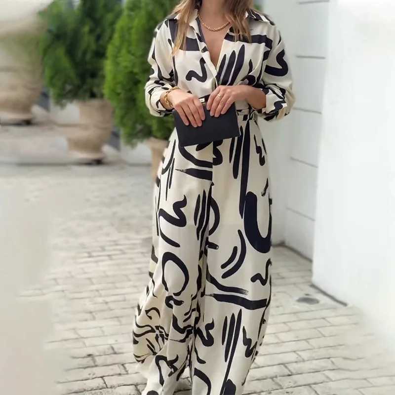 Spring Autumn Black White Print Jumpsuits Women Long Slve V-neck High Waist Wide Leg Jumpsuit Fashion Lady Commuting Clothing X250318
