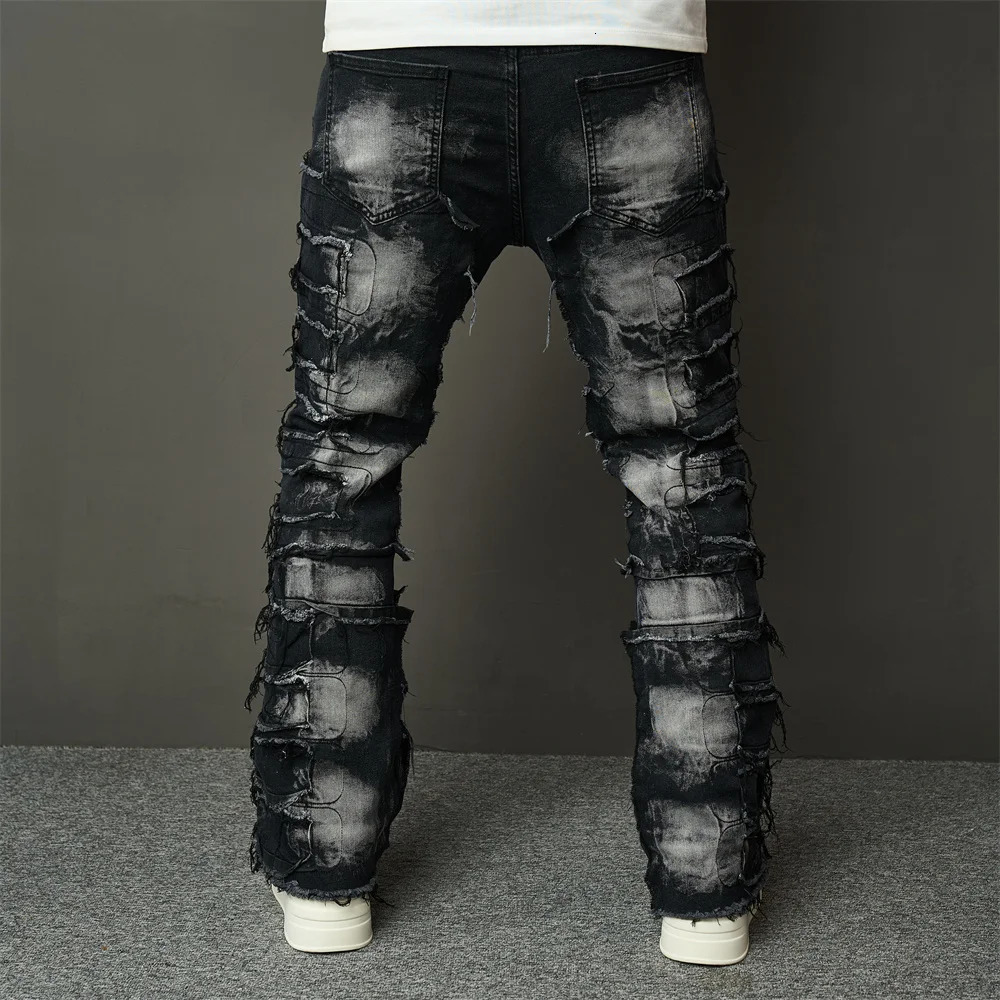 Streetwear HipHop Men Ripped Spliced Patch Straight Jeans Stylish Male Distressed Loose Biker Denim Pants 250408