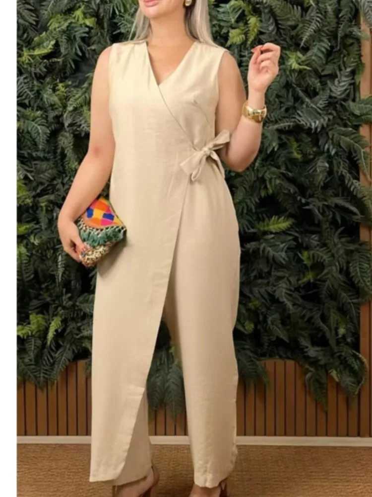 Elegant Womens V Neck Lace Up Jumpsuit Summer Slveless Hollow Out Solid Color Office Playsuit Casual Strtwear Loose Romper X250318