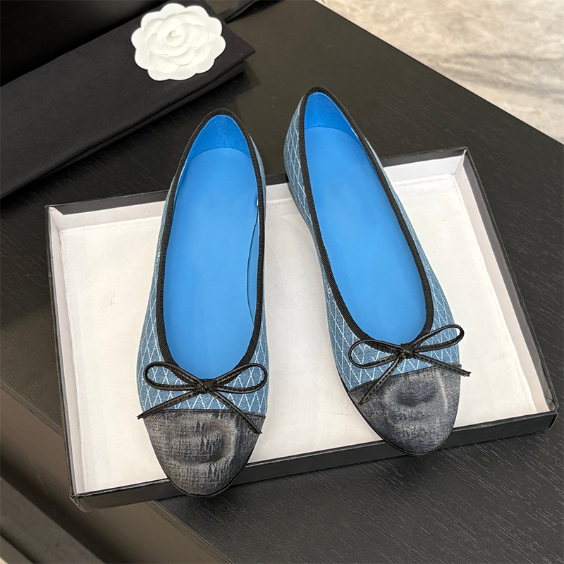 Designer Denim ballerinas bowties Embellished flat ballet shoes round toe calf leather sole casual shoes women luxury designer factory footwear size 35-43