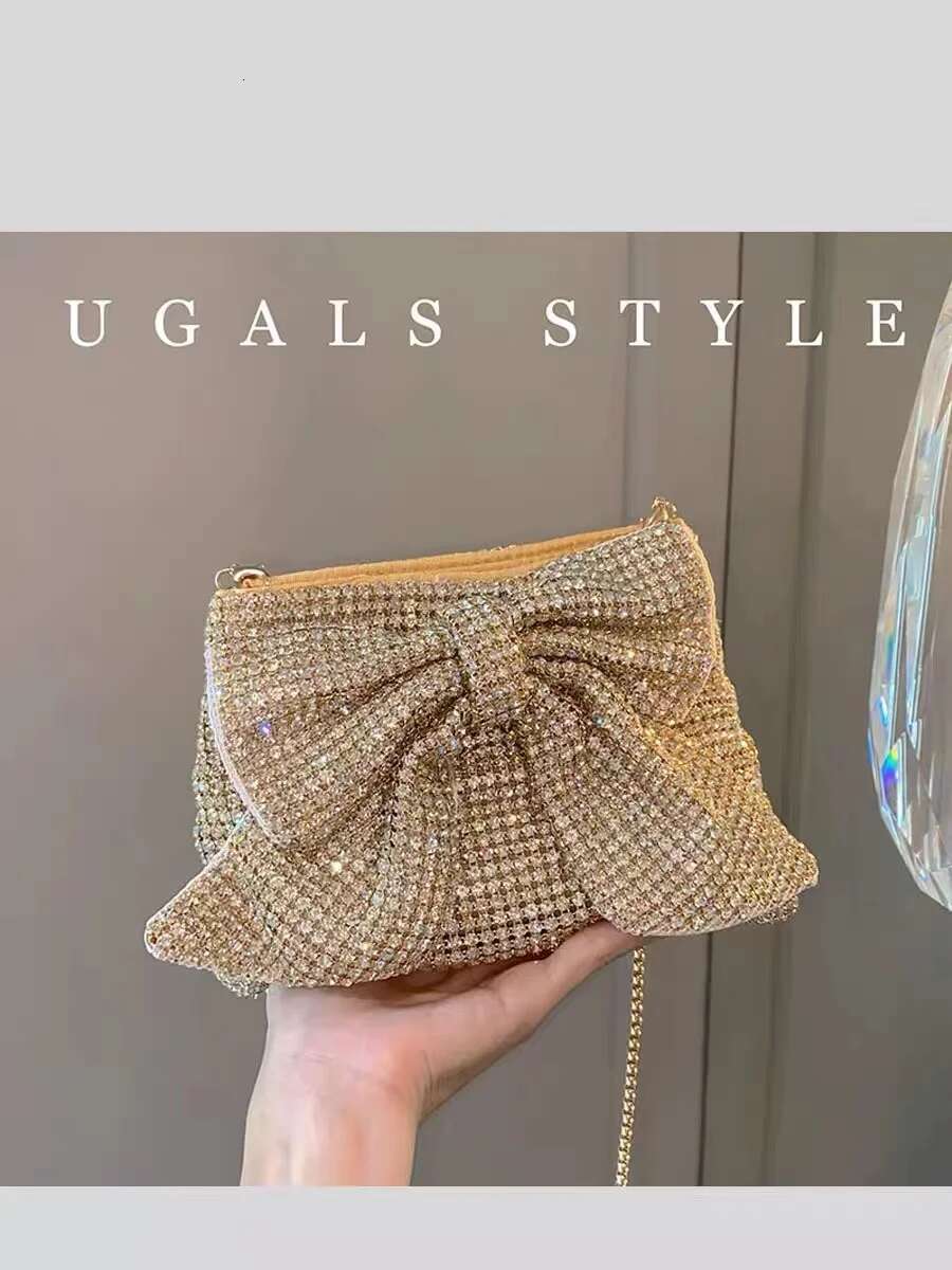Glitter Bow Knot Women's Handbag Crystal Shiny Rhies Dia Evening Wedding Party Clutch Purse Crossbody Bag