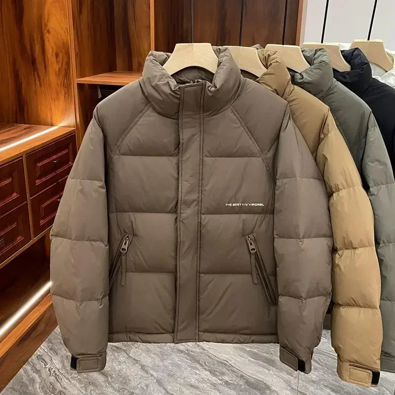 Winter white duck down jacket mens Korean version fashionable solid color casual stand collar short thick warm 250109Z