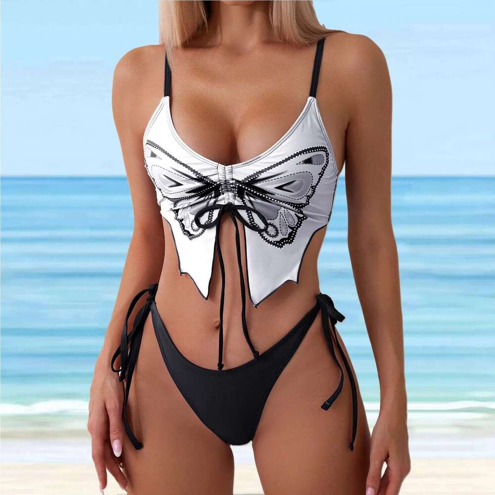 Two piece swimsuit, sexy, push up, butterfly print, cute, split style, two-piece set, high waist, beach, 2024