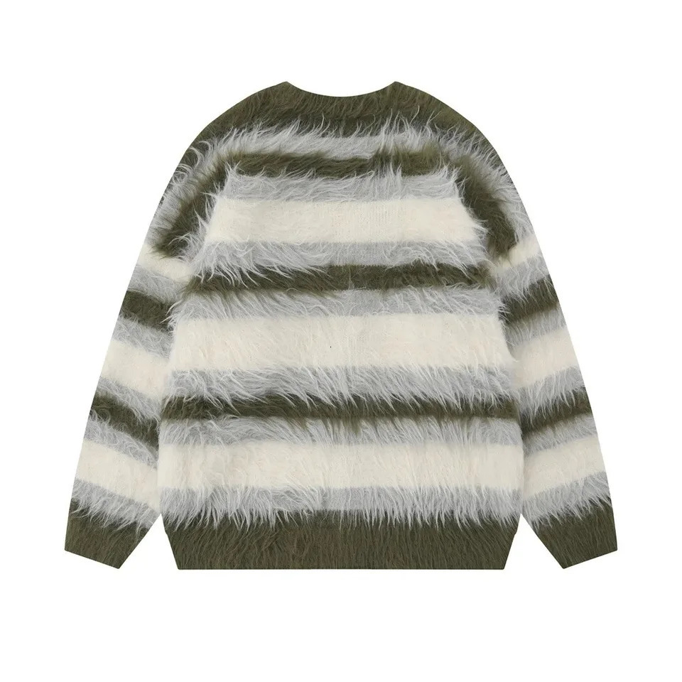 Mohair Cardigan Striped V-Neck Sweater Mens Loose Casual Brushed Trendy Couple Versatile Comfortable Harajuku High Street Knit 250318