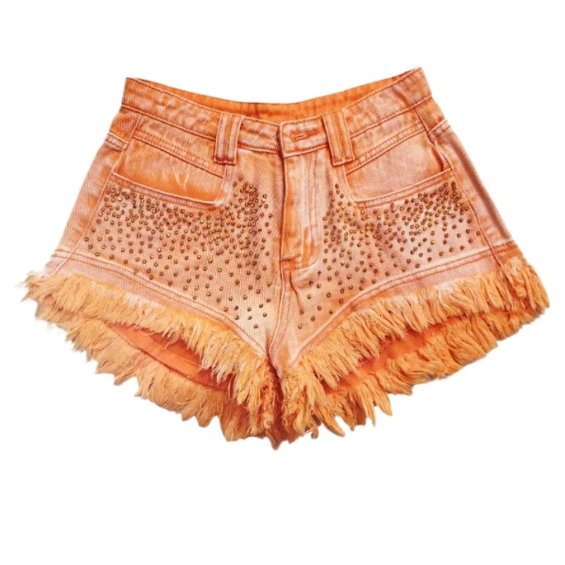 Orange Rhinestone denim shorts womens ruffled and fringed jeans pants womens high waisted summer wide leg shorts 250314