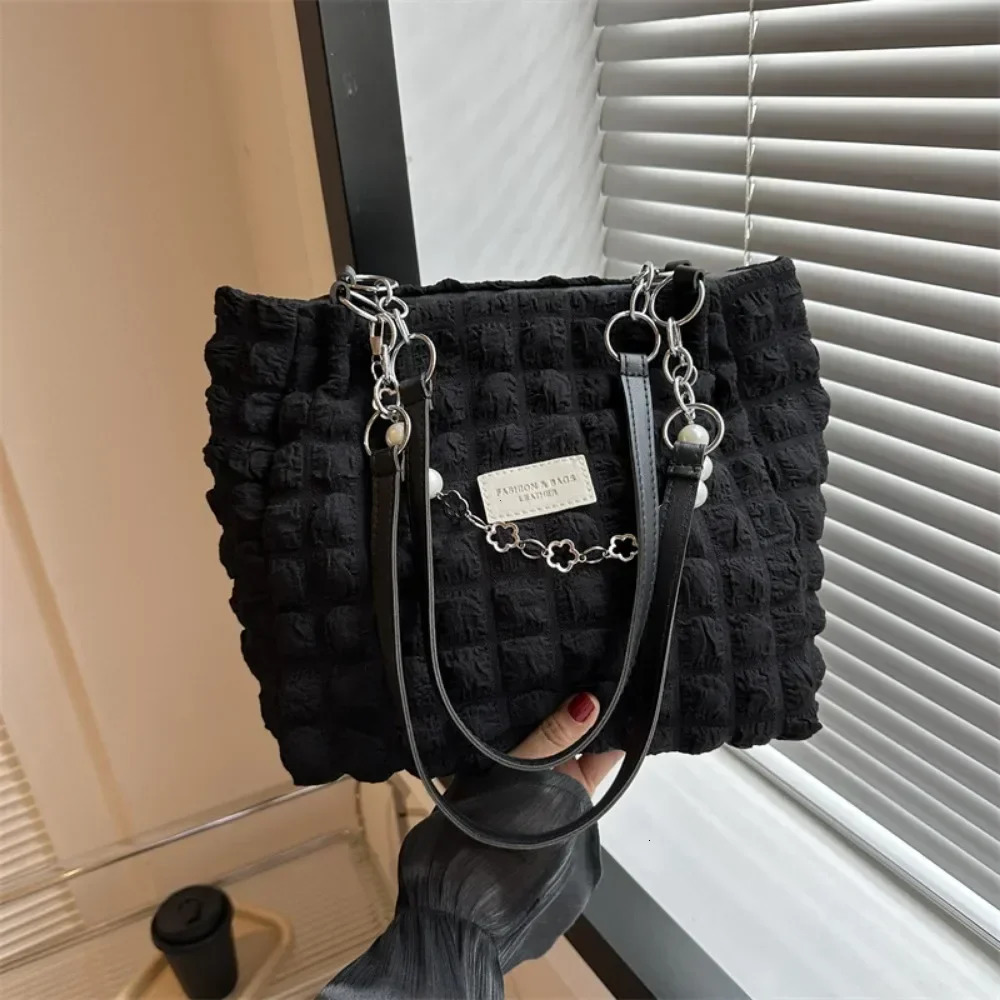 Large Capacity Ladies Tote Bag Fashion Plaid Womens Beaded Chain Shoulder Bags Soft Fabric Female Handbags Purse 2024 R250318
