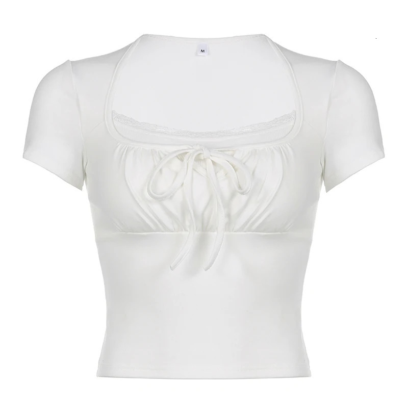 CIBBAR White Stitched Crop Top Women Casual Vintage Two-piece Lace Patchwork Short Sleeve T Shirt y2k Summer Tees Aesthetic 250318