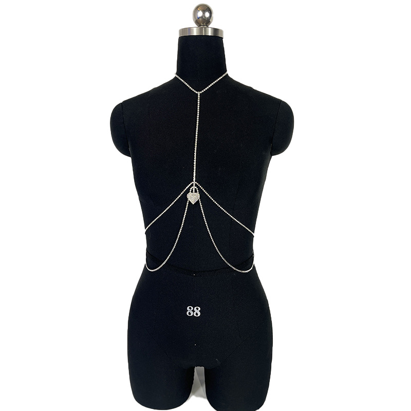 Stage Wear Dance Accessories Sexy rhinestone chest and waist chain, women's European and American minimalist peach heart body chain