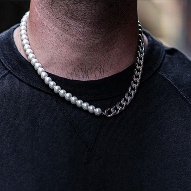 Stainless Steel Imitation Pearl Splicing Necklace Men's Non-fading Titanium Steel Pearl Chain Jewelry