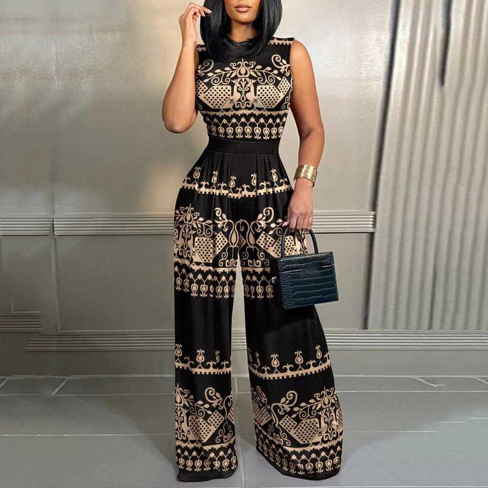 Casual sleeveless printed jumpsuit for womens spring and summer long leg jumpsuit 2023 black one-piece jumpsuit X250318