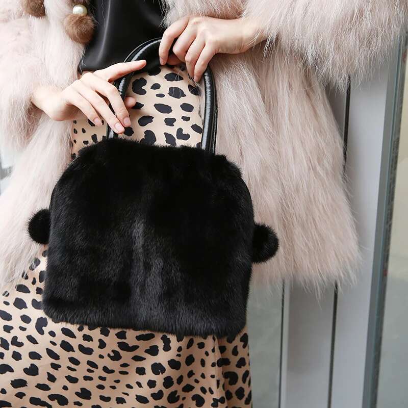 Real Mink Fur Women Party Handbag Winter Plush Ladies Clutch Crossboby Bag With String And Two Balls