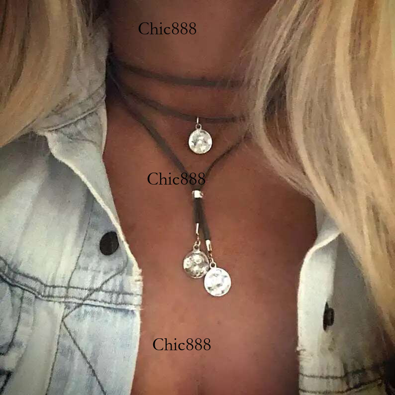 Boho Hammer Coin Disc Layered Veet Rope Choker Necklace for Women Southwestern