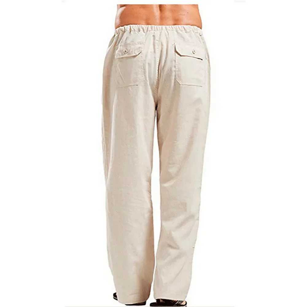 Mens solid color linen pants summer solid color breathable linen pants mens casual elastic waist fitness pants W250318