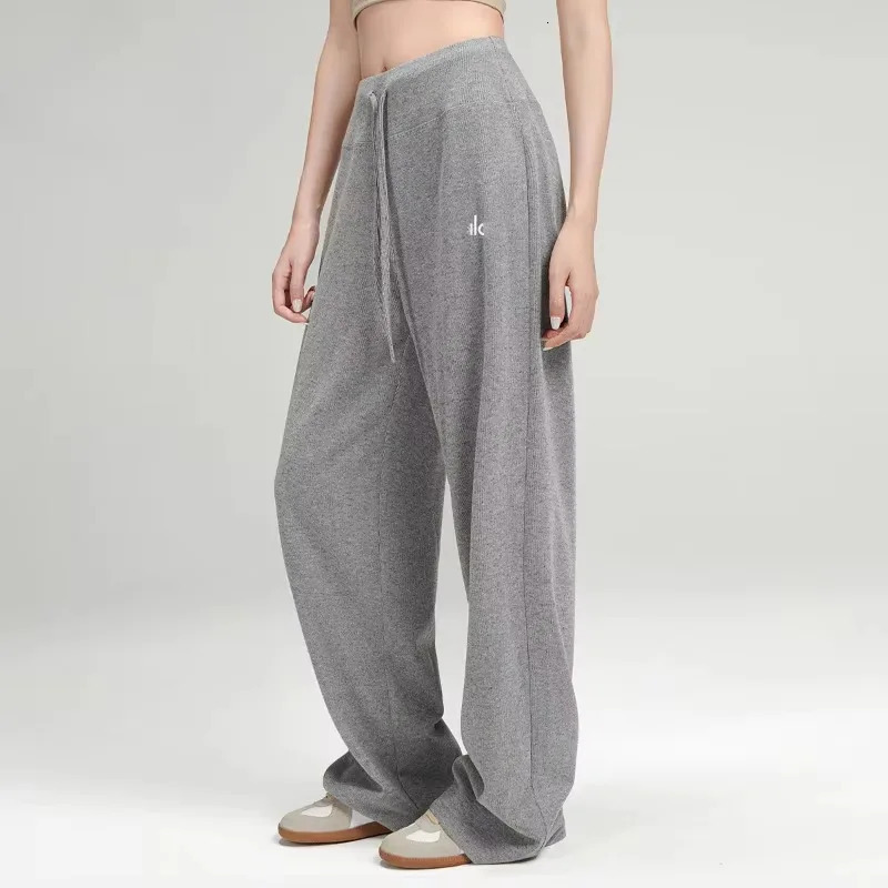 Fashion Loose Knitted Solid Wide Leg Pants Womens Floor Slimming Casual Trousers Simple Grey Black Drawstring Straight 250317