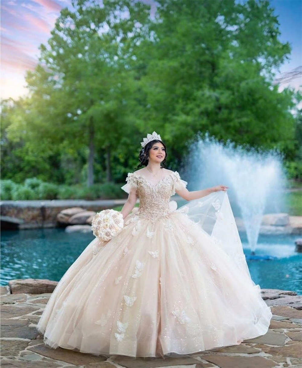 Ball Gown Quinceanera Dresses Puff Sleeve Butterfly Appliques Deep V-Neck Lace-up Tulle Plus Size Sweet 15 16 Princess Birthday Party Gowns Vestidos D