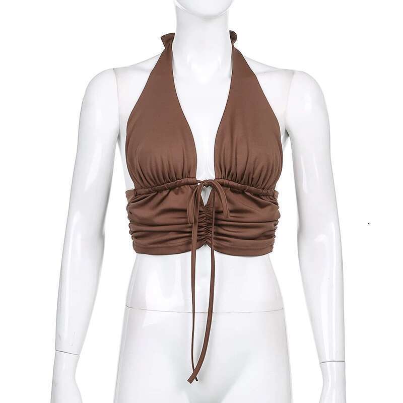 Brown Summer Y2K Camis Ruched Tie Up Crop Haruku Tank Top Backless Halter Cute Tops Tees Women Party Beach Sweat Female
