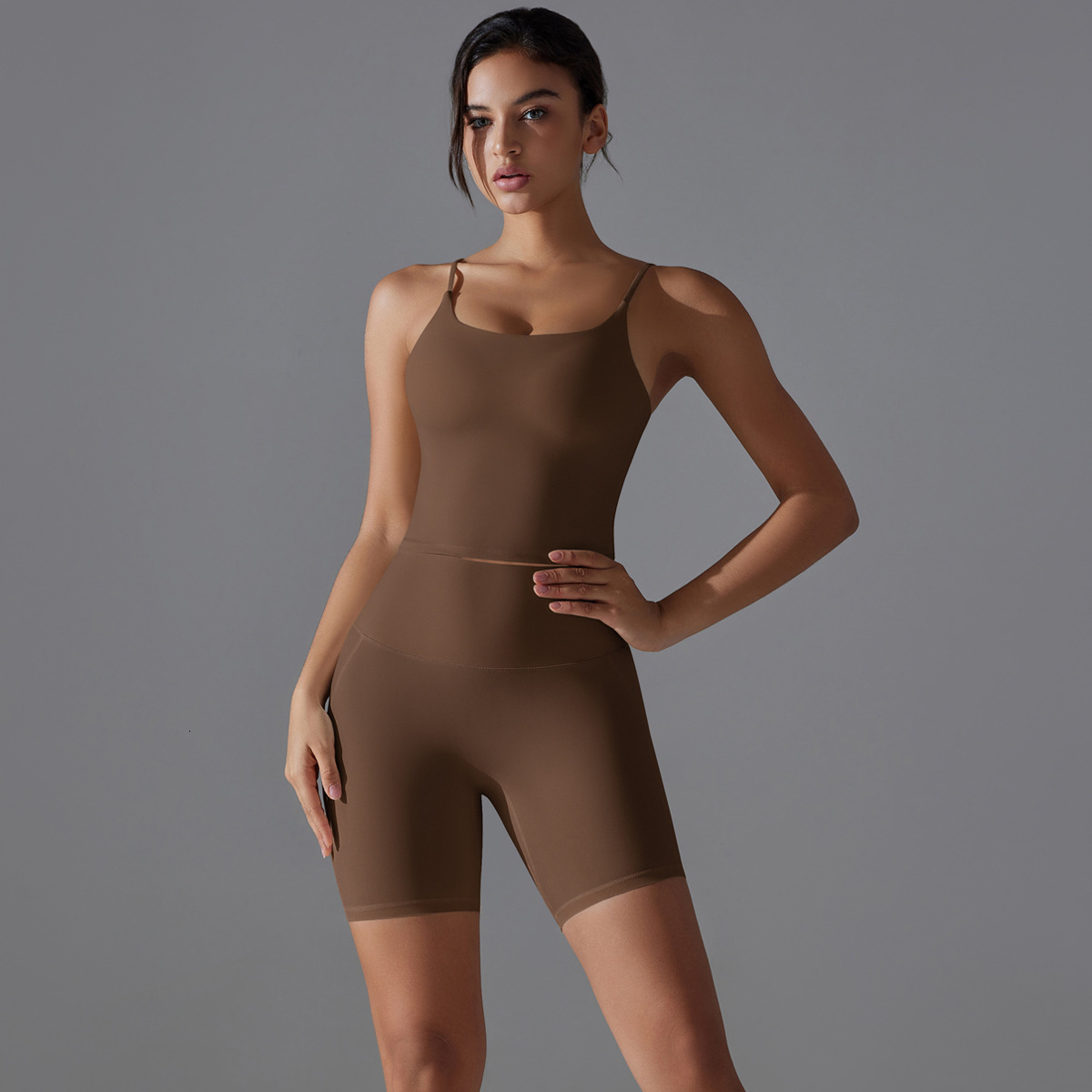 New tracksuit solid color one-piece cup long back sports bra, running fitness antibacterial shorts, yoga suit set for women leggings