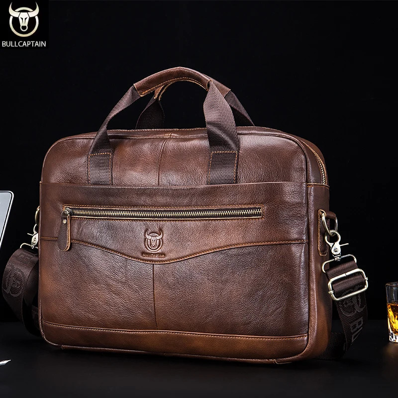 BULLCAPTAIN Briefcase Shoulder Messenger Bags Mens Genuine Leather 14-inch Laptop Bags Mens Briefcase Office Business Handbag 250317