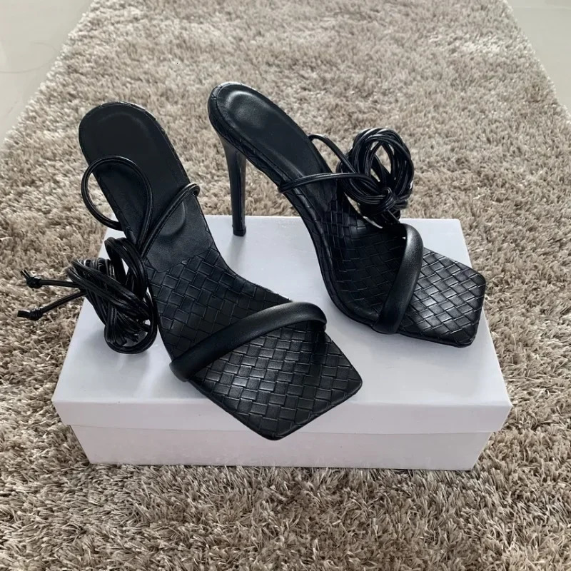 Summer White Black Lace-Up Woman Sandals Leather High Heels Shoes Sexy Party Stilettos or Thin Heels Womens Shoes Plus Size 250318