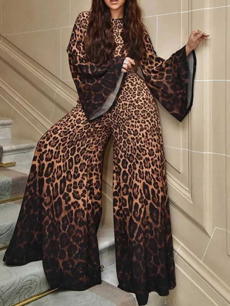 Fracy Leopard Printed Womens jumpsuit 2024 autumn fashion round neck lapel Slves wide leg loose one-piece set X2503181