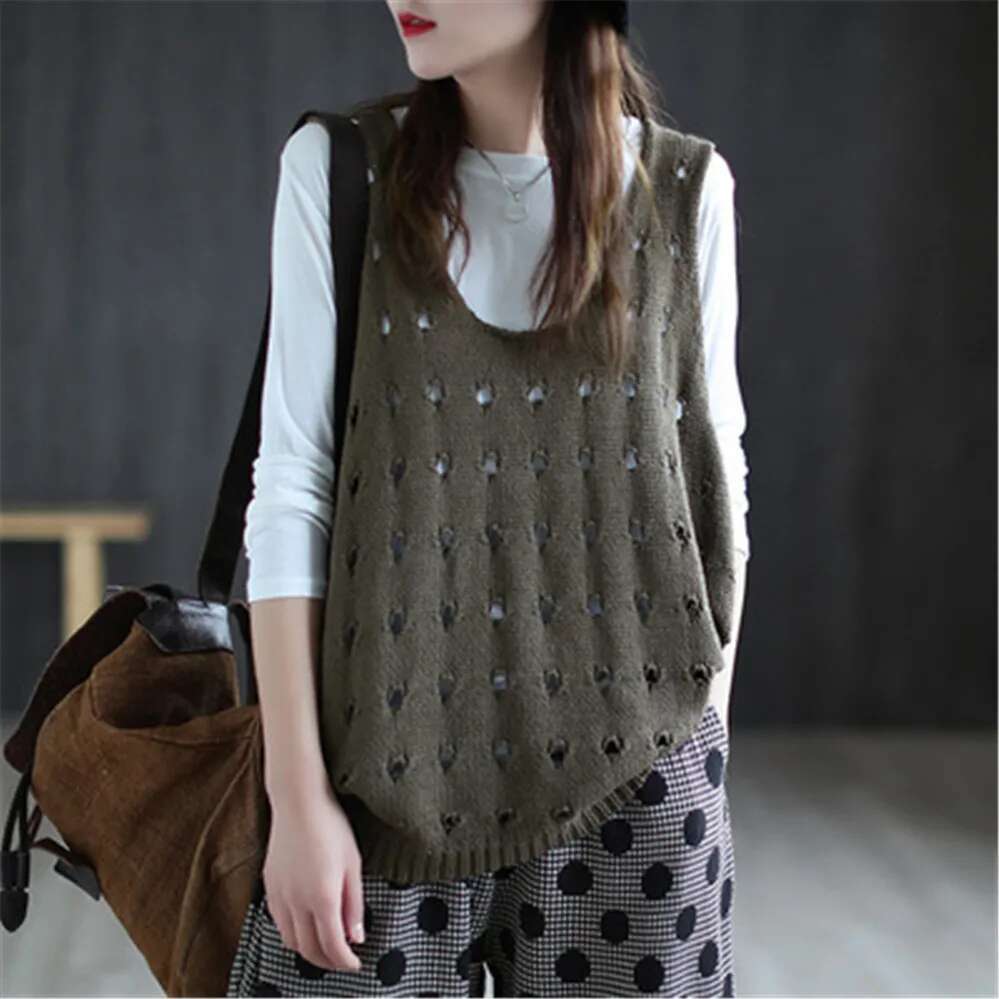 Hollow Out Women Loose Sleeveless All Match Female New Knitted Vest Sweater Korean Preppy Style Sweet Girl's Tops