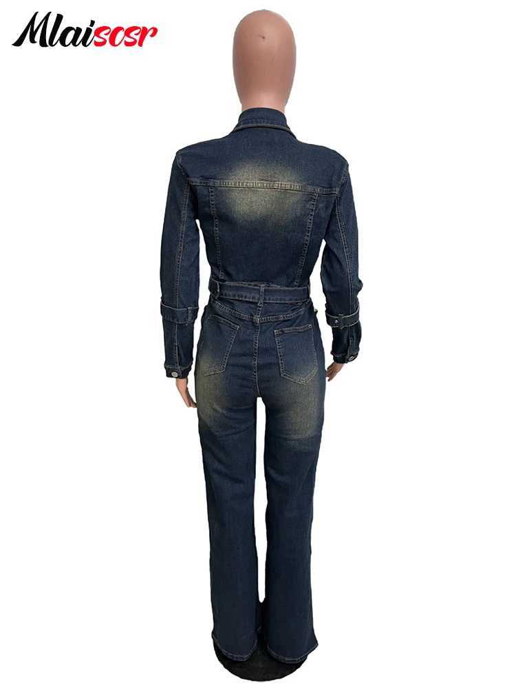 Mlaicsr stretch denim one-piece jumpsuit with waistband womens dress winter long slip collar washed jeans jumpsuit birthday jacket X250318