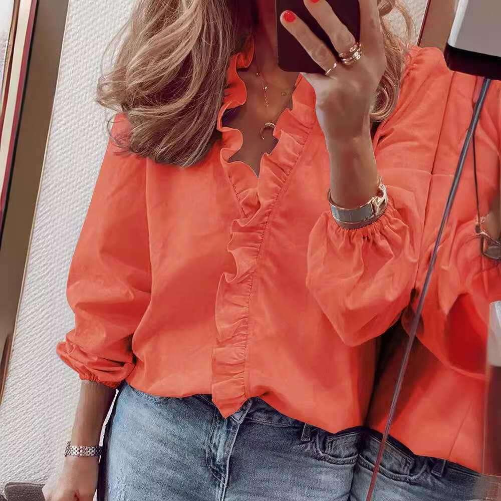 Spring Summer New European and American Long Sleeve Ruffle Edge Women's Shirt 2025 temperament versatile new trendy clothing ins
