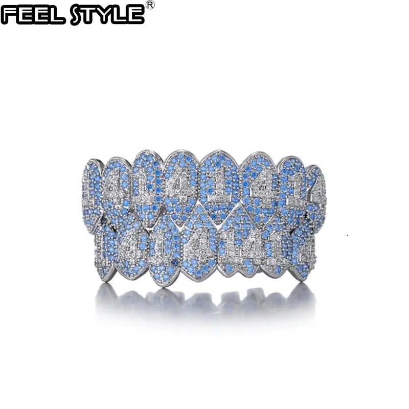 Feel Style CZ Teeth Caps Bling Blue Cubic Zircon Iced Out Micro Pave Top Bottom Charm Grills Set For Men Women Jewelry Gi 250318