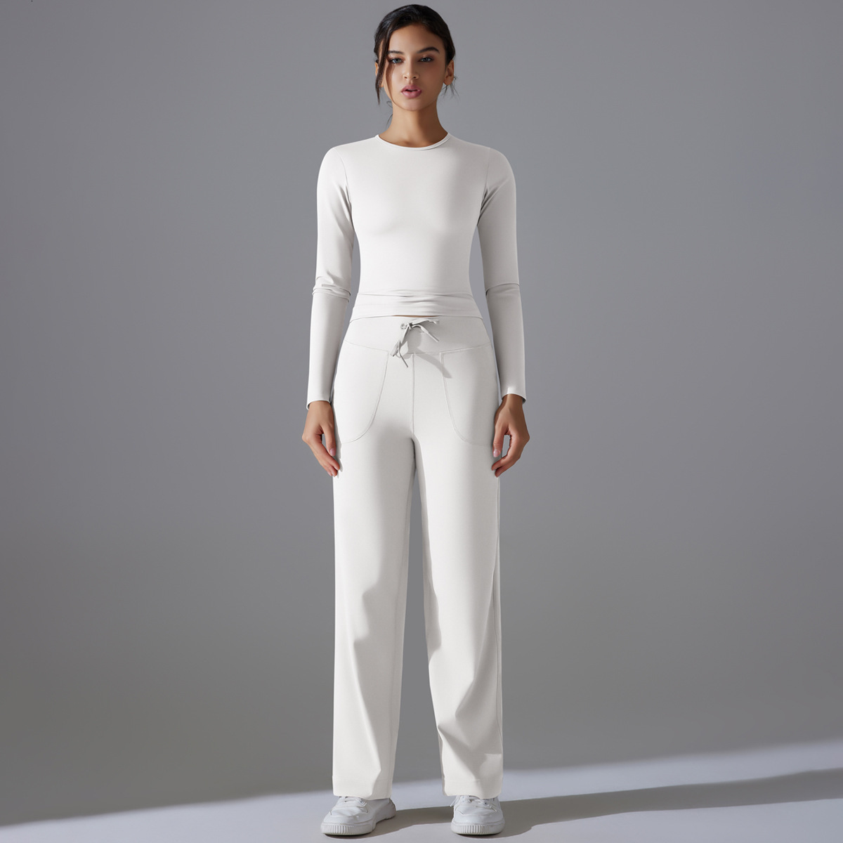 tracksuit Double sided nylon solid color long sleeved yoga suit set, high waist wide leg sports running fitness two-piece set leggings