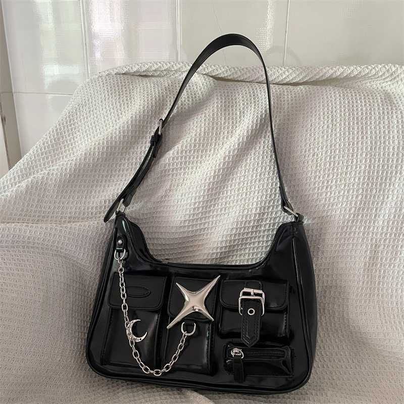 My Y2k goes to the Shoder bag Harajuku Fi Gothic casual black chain handbag hot girl Pu leather women motorcycle bag Sac Y250318