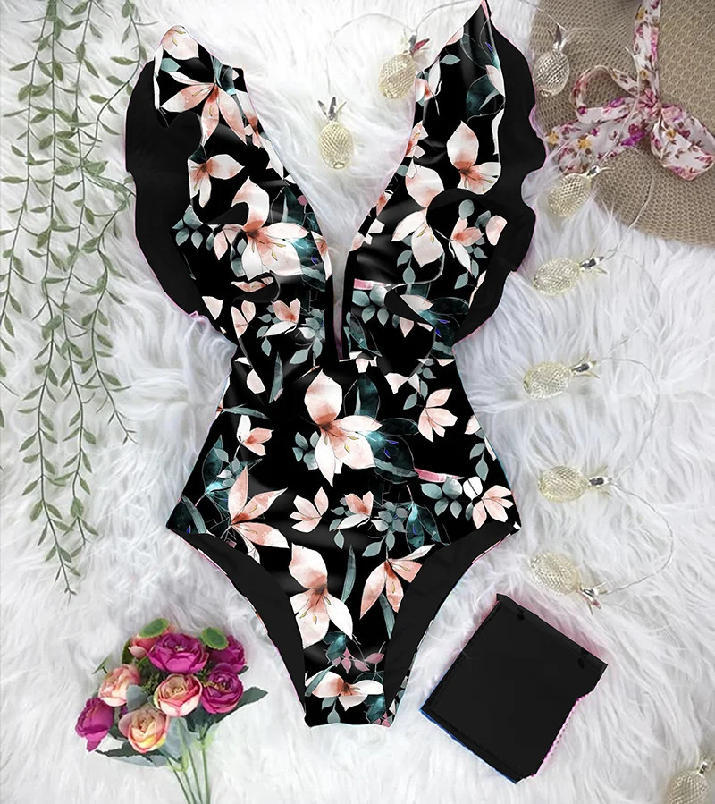 Discount Ruffle Swimwear V-Neck Shoulder One Piece Swimsuit Women Floral Printed Tropical Summer Beach Bathing Suit 250318