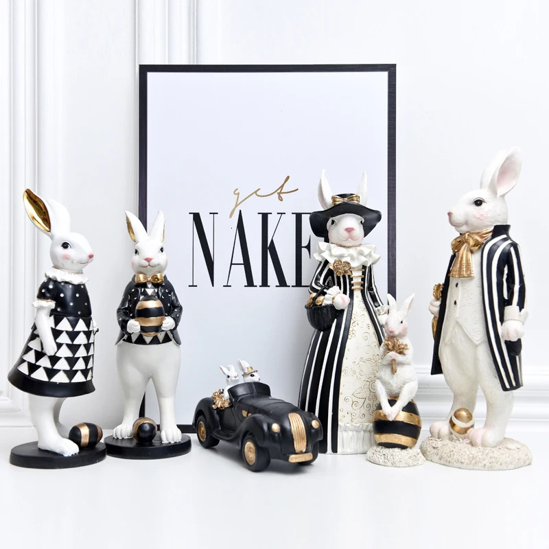 Pastoral rabbit family decoration bedroom living room porch home ornaments black gold Easter bunny resin crafts 250317