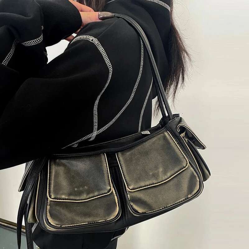 Moto & Biker Y2k Bags For Women Designer Handbags Purses 2023 New In Vintage PU Leather Multiple Pockets Square Shoulder