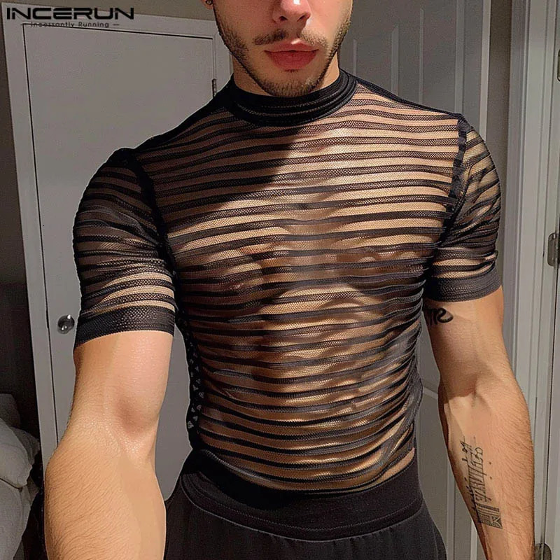 INCERUN Summer Short Sleeve Men T-Shirts Round Neck Short Sleeve Mesh Striped T Shirts Chemise Oversize Men Clothing S-5XL 250318