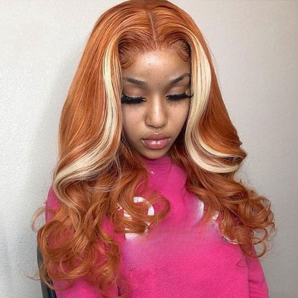 30 Inch Ginger Brazilian Wigs Highlight 613 Honey Blonde Body Wave HD Lace Frontal Transparent Lace Front Wig Synthetic Hair For Women