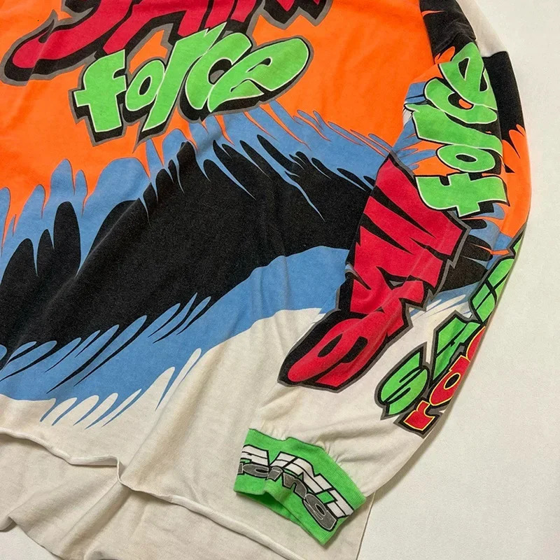 Quality Cotton Racing Style Oversized T Shirt Men Women Vintage Color Blocking Graffiti Saint Micheal Long Sleeve T-Shirt 250318