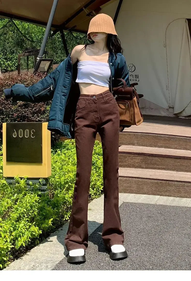 autumn high waisted slimming straight leg jeans suitable for women loose brown smoke pants fashionable 250317